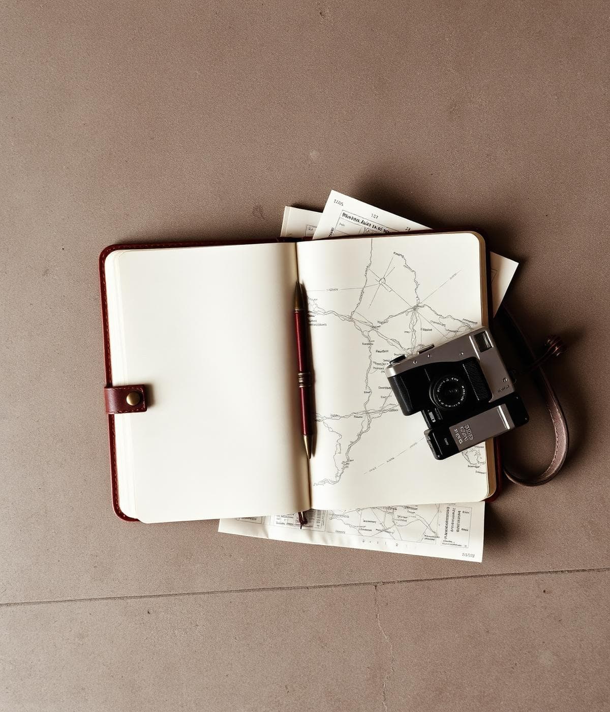 Open journal with map and camera